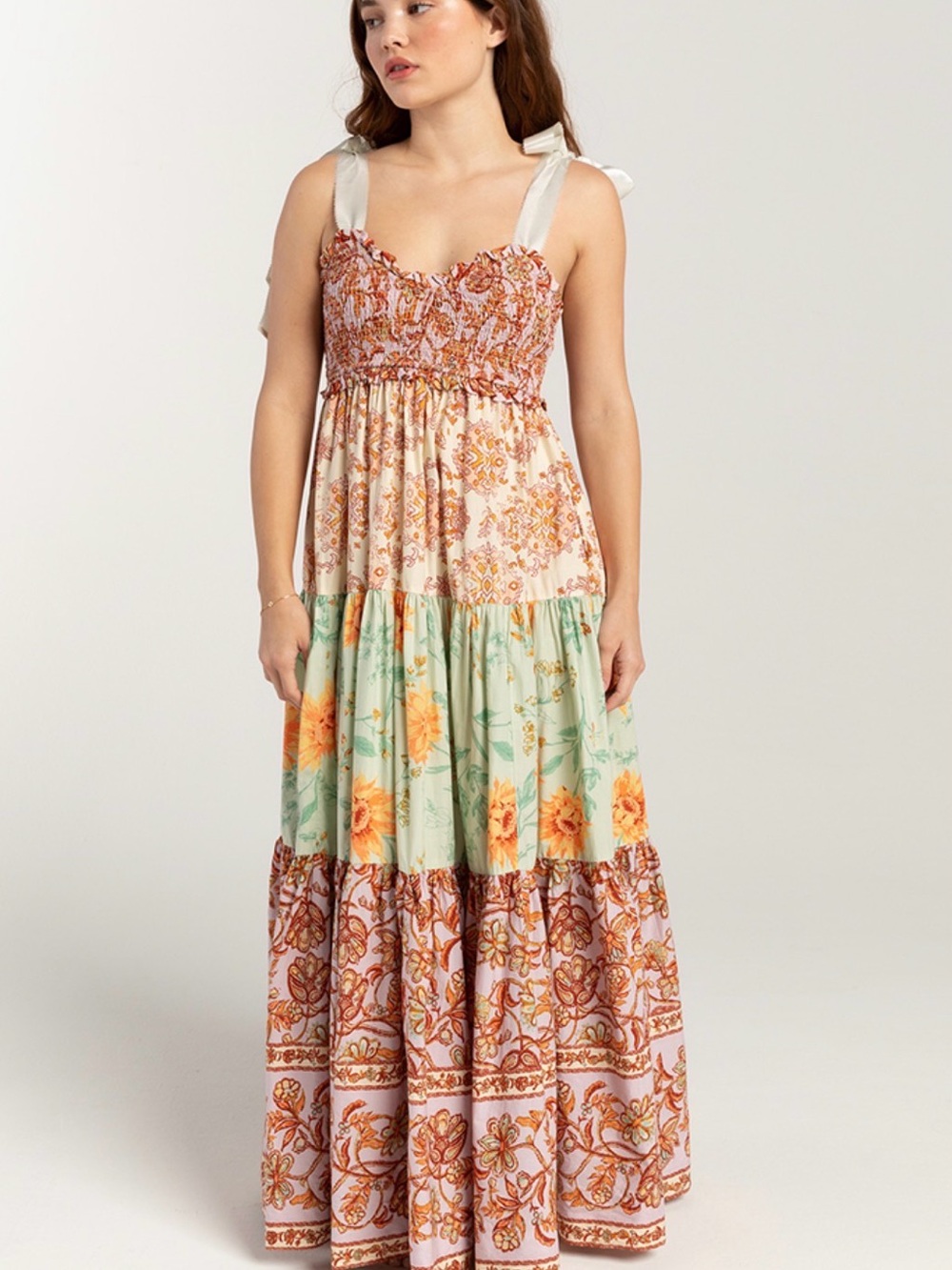 Free People Cream, Mint & Orange Floral Tiered Maxi Dress
